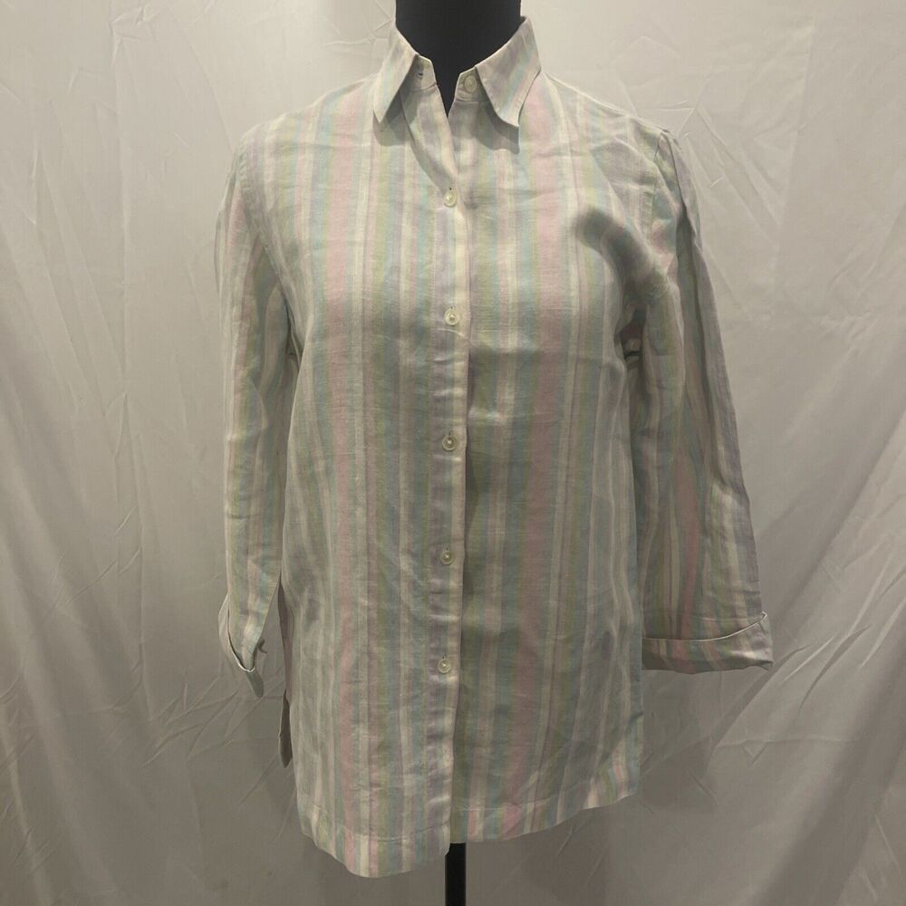 Jones New York Signature linen button down Blouse pastel Rainbow stripe size S